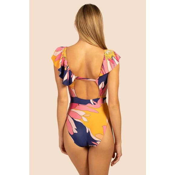 NEW Trina Turk Breeze Ruffle Plunge One Piece Swimsuit Floral Ruffled Size 14 - Picture 2 of 7